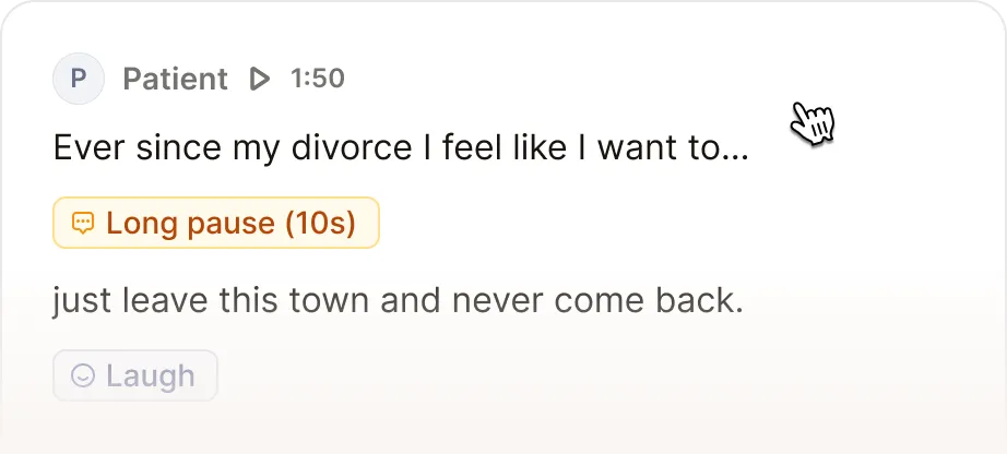 Sample transcription with highlighted cues such as long pauses and laughing